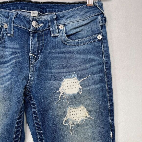 Vintage True Religion Jeans Women 28 Blue Boot Cut Distressed Rhinestones Y2K - Picture 14 of 15
